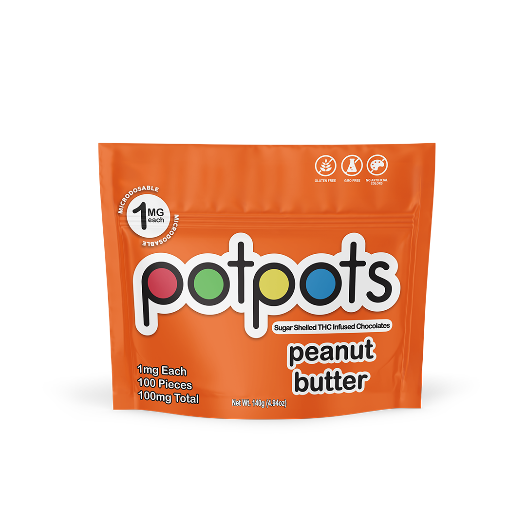 Potpots Peanut Butter — 1mg THC sugar-shelled edibles, 100 pieces per bag