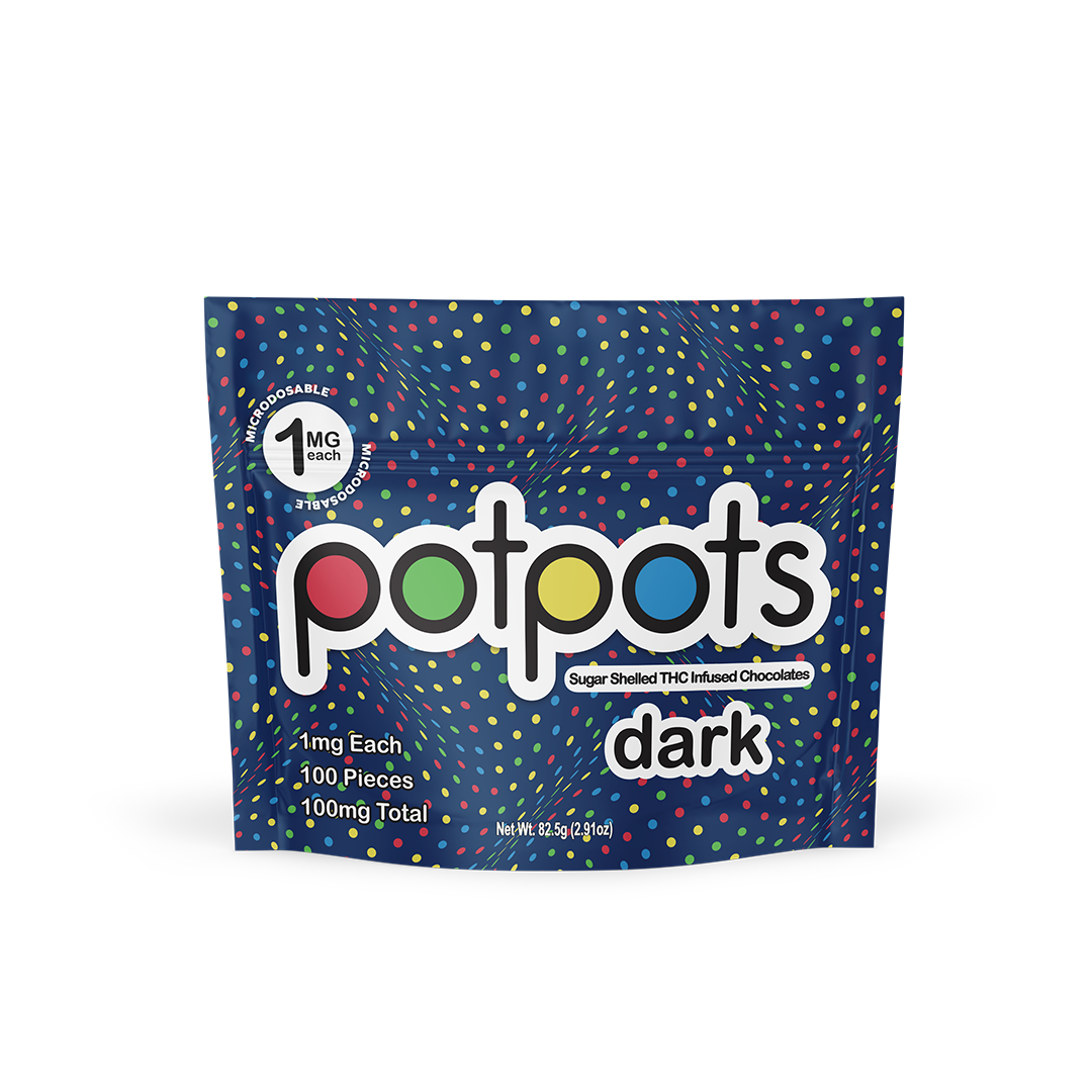 Potpots Dark Chocolate — 1mg THC sugar-shelled edibles, 100 pieces per bag