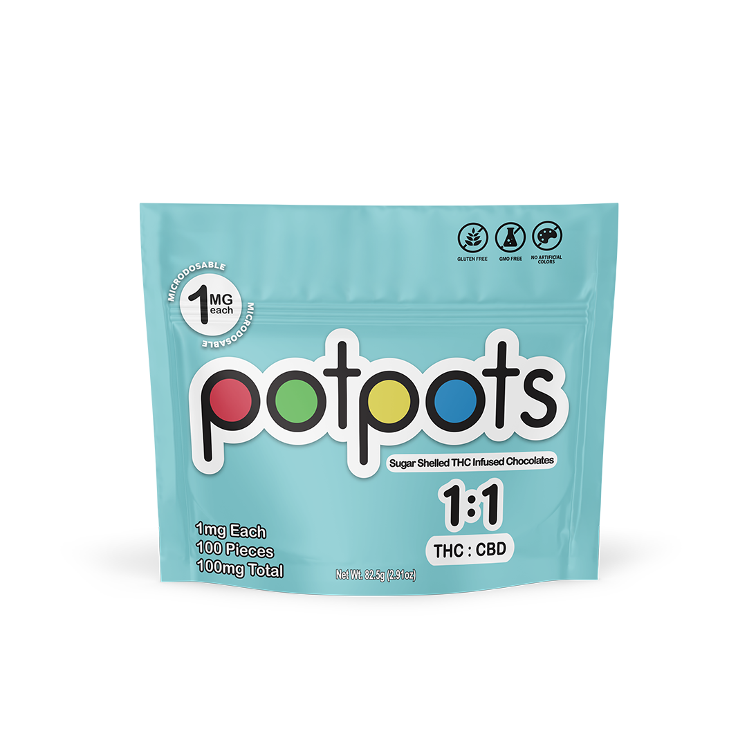 Potpots Balanced — 1:1 THC:CBD sugar-shelled edibles, 100 pieces per bag