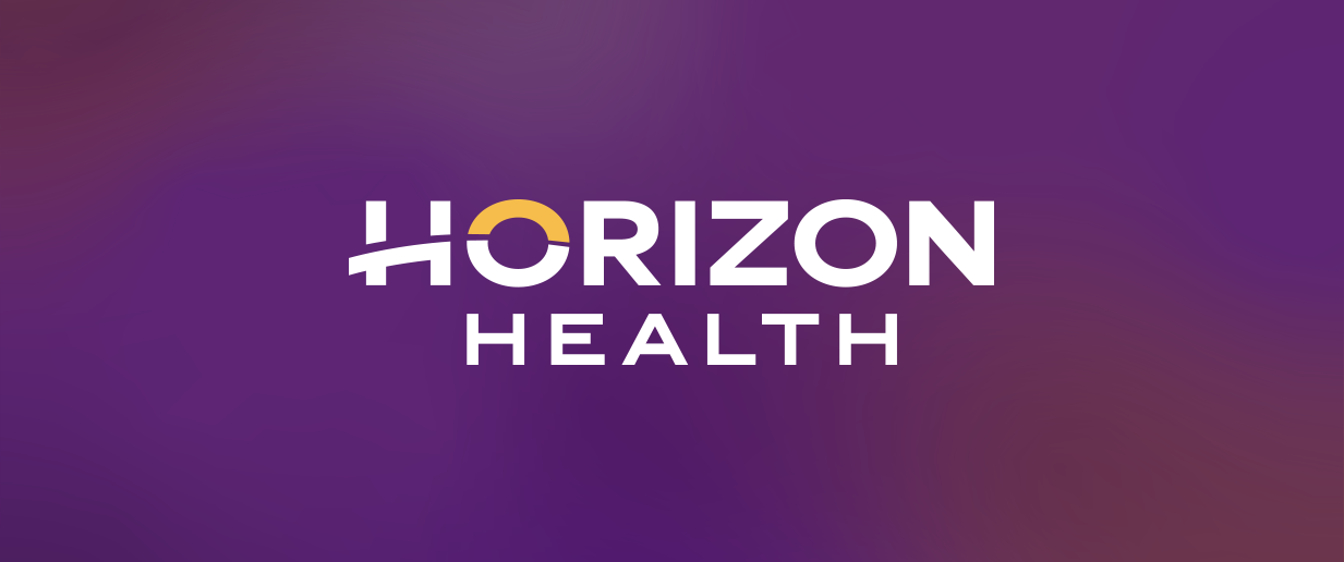 Horizon Health logo with white letters on a purple background and a gold semicircle in the O.