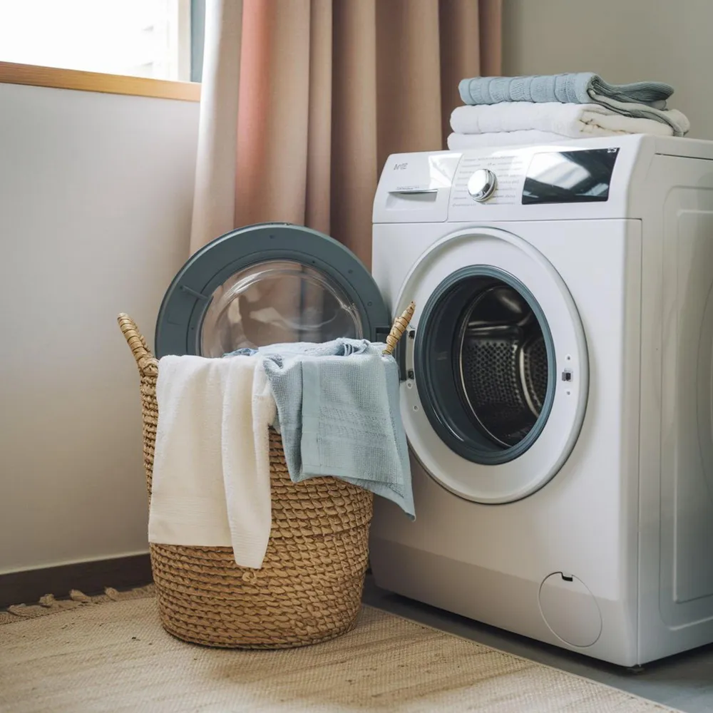 Front-loading washing machine with open door next to a wicker laundry basket holding white and blue towels, in a softly lit laundry room.