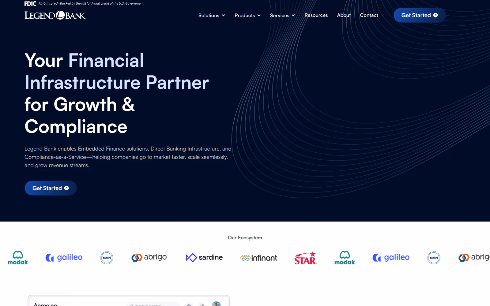 Integrate Legend Bank homepage, a Webflow-built fintech platform in dark navy, showing trust-first messaging, a bold headline, and an integration logo strip"