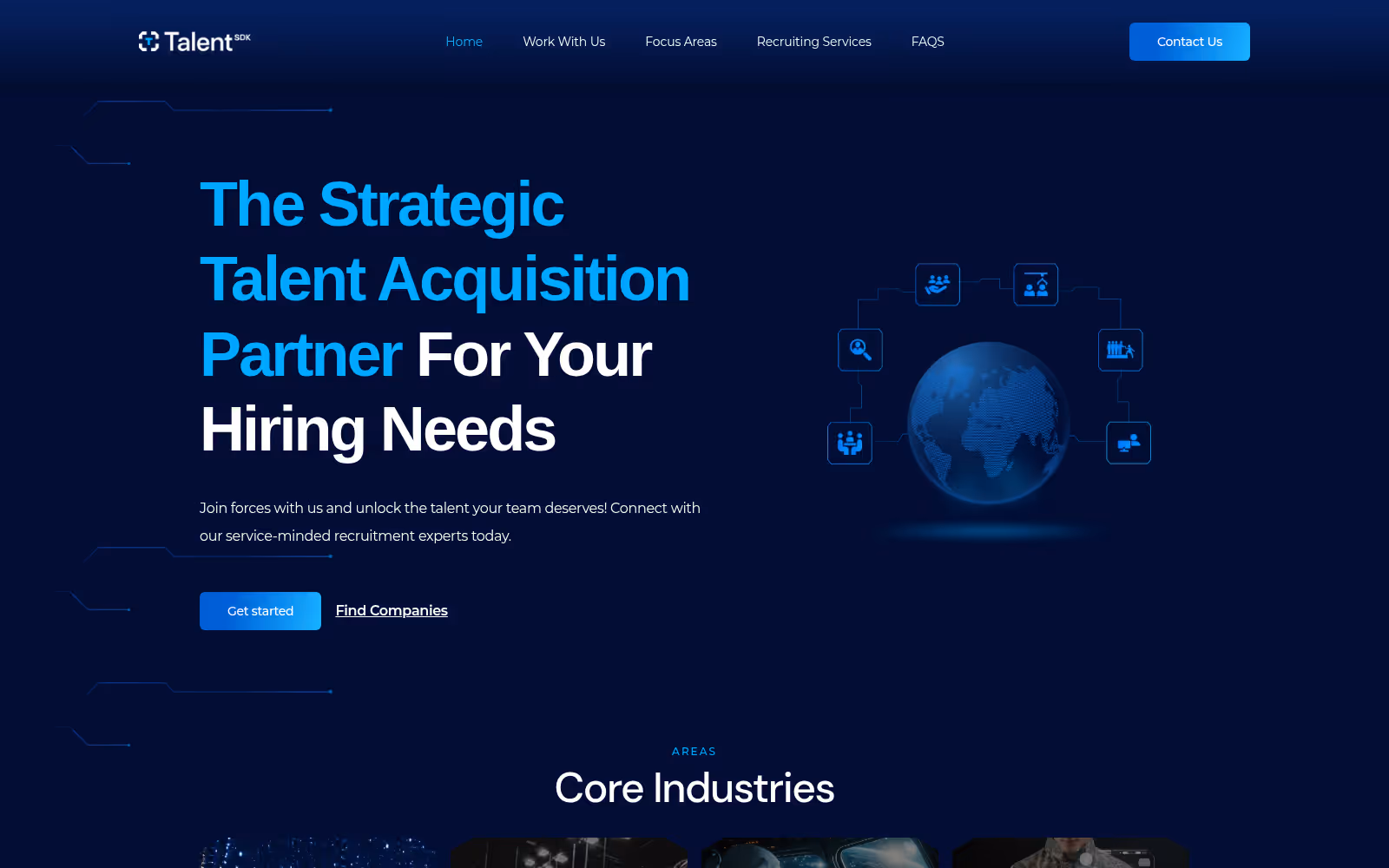 Talent SDK homepage, a Webflow-built talent acquisition platform, featuring bold headline typography, core industry sections, and a structured lead generation layout