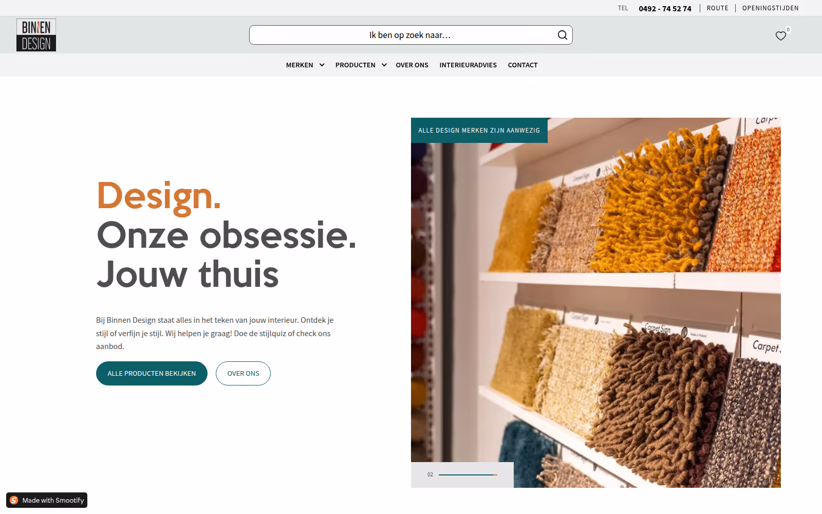 Binnen Design homepage, a Dutch interior design e-commerce site built on Webflow and Shopify, displaying warm product imagery and the brand's Dutch tagline