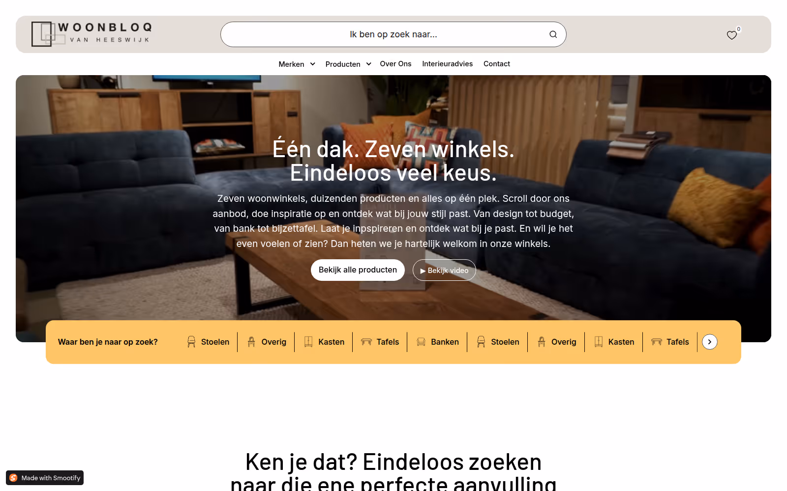 WoonBloq homepage, a Dutch multi-vendor interior marketplace on Webflow and Shopify, showing warm lifestyle imagery and a multi-store product navigation system