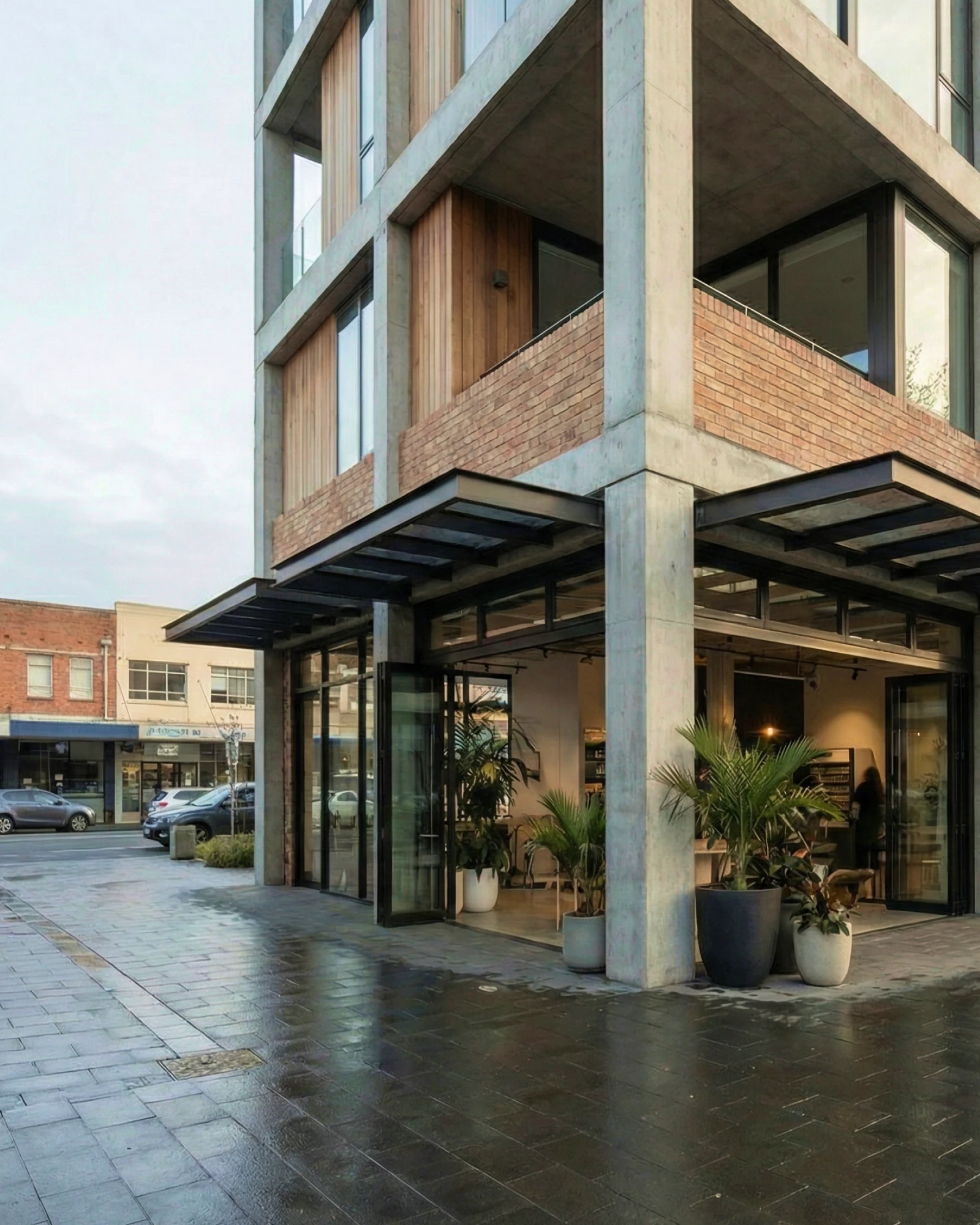 Modern commercial building corner with large glass doors and potted plants on a wet stone sidewalk.
