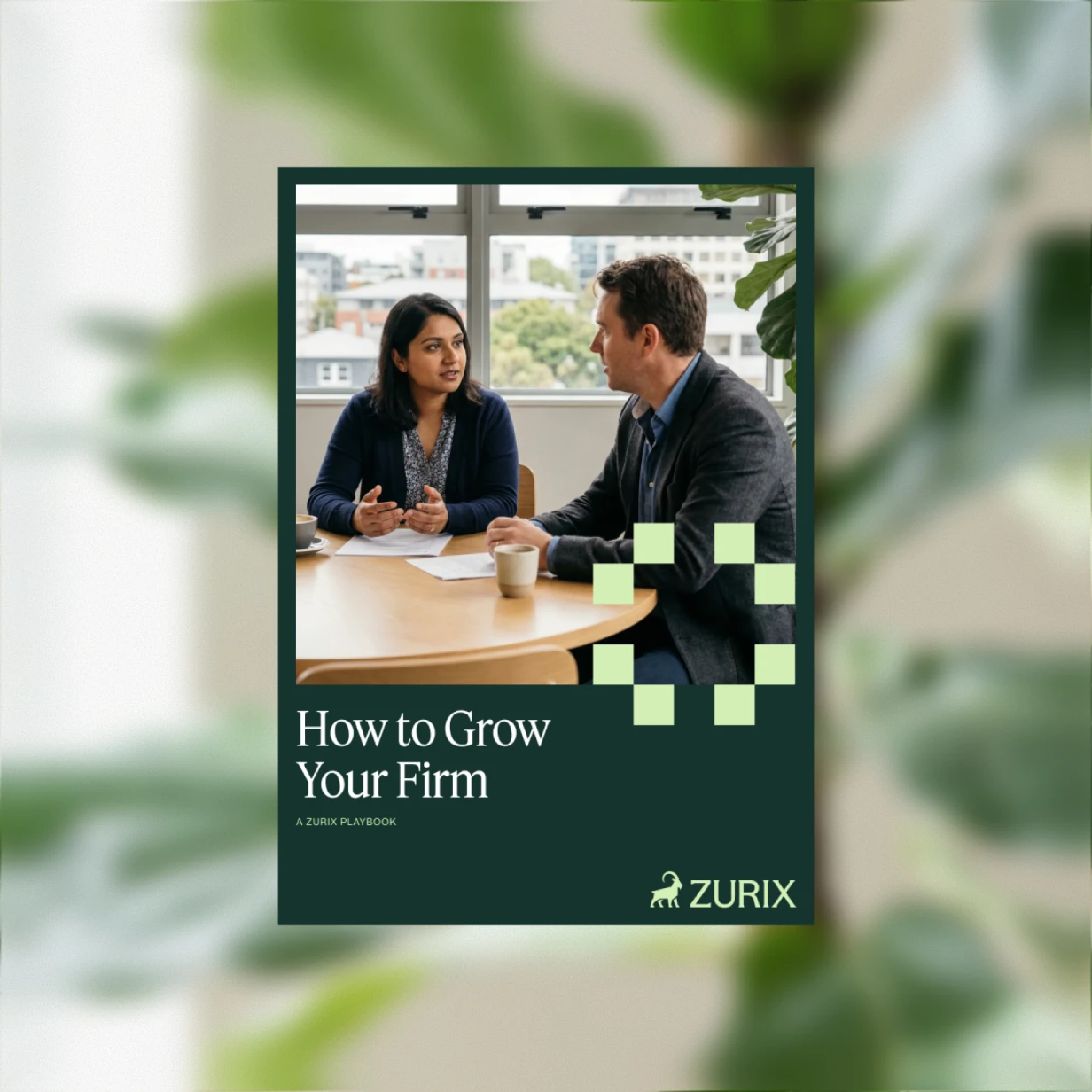 Two professionals, a woman and a man, having a discussion at a table with coffee cups and papers, with the text 'How to Grow Your Firm' and Zurix logo.
