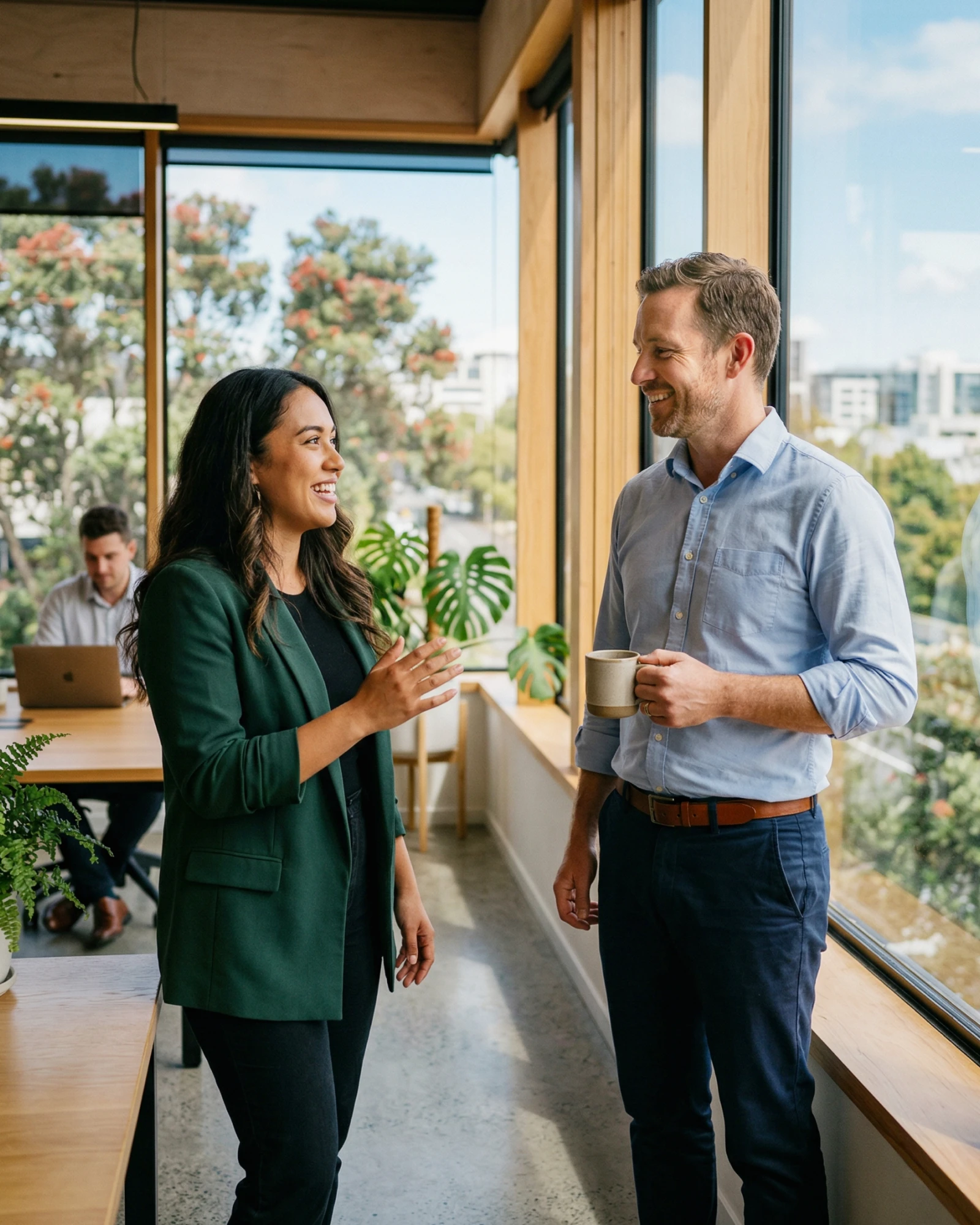 Two colleagues, a woman in a green blazer and a man in a blue shirt holding a coffee mug, smiling and chatting near a large window in a bright office.