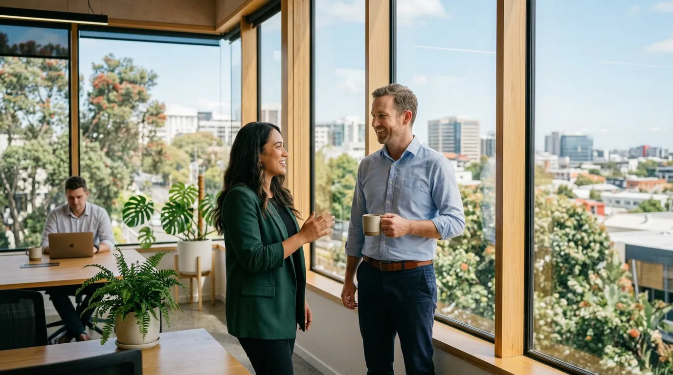 Two colleagues chatting by a large window in a modern office with a man working on a laptop nearby.