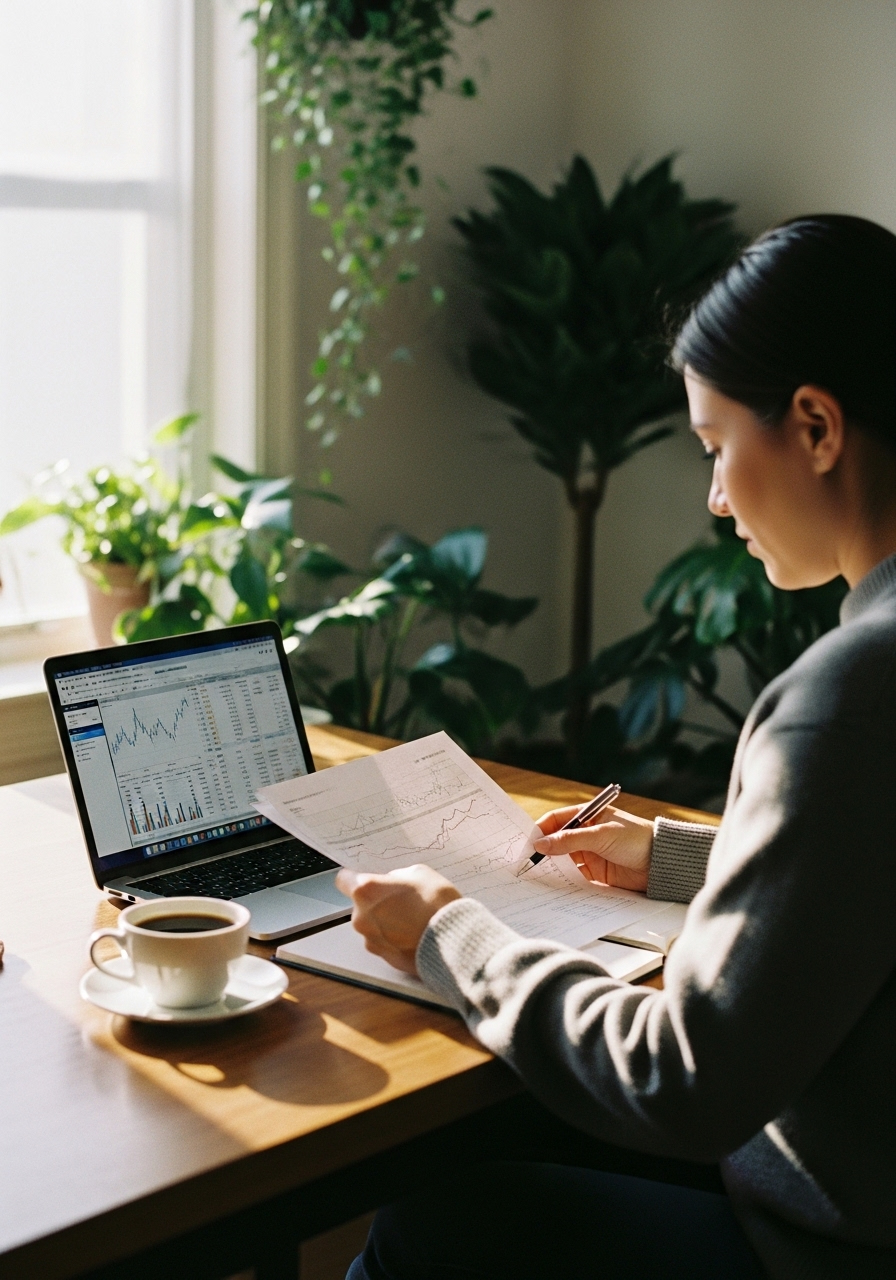 Smiling woman in a navy blazer holding a tablet outdoors with a blurred modern building background.