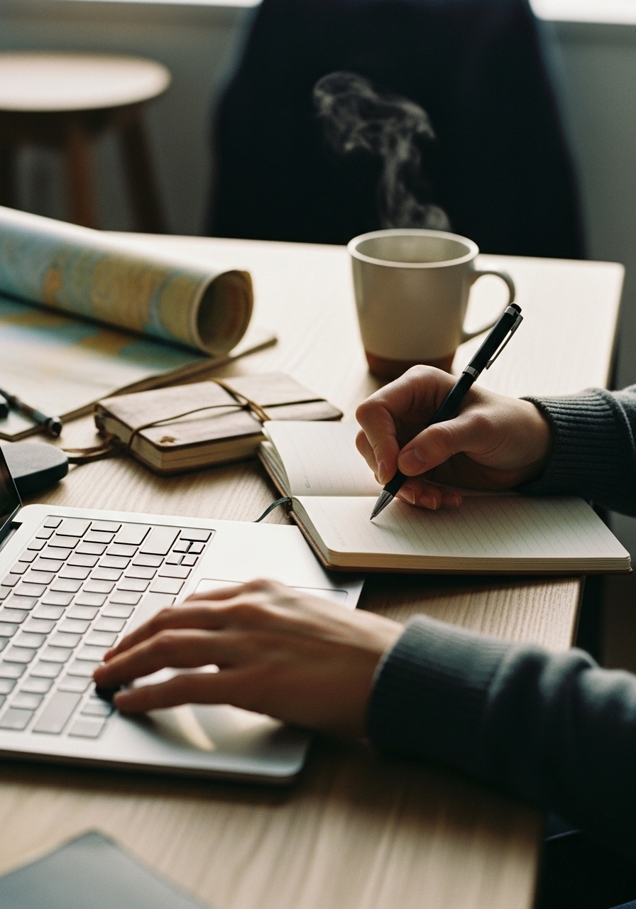 Person writing in a notebook with a pen while using a laptop on a wooden table, with a steaming coffee mug and rolled map in the background.