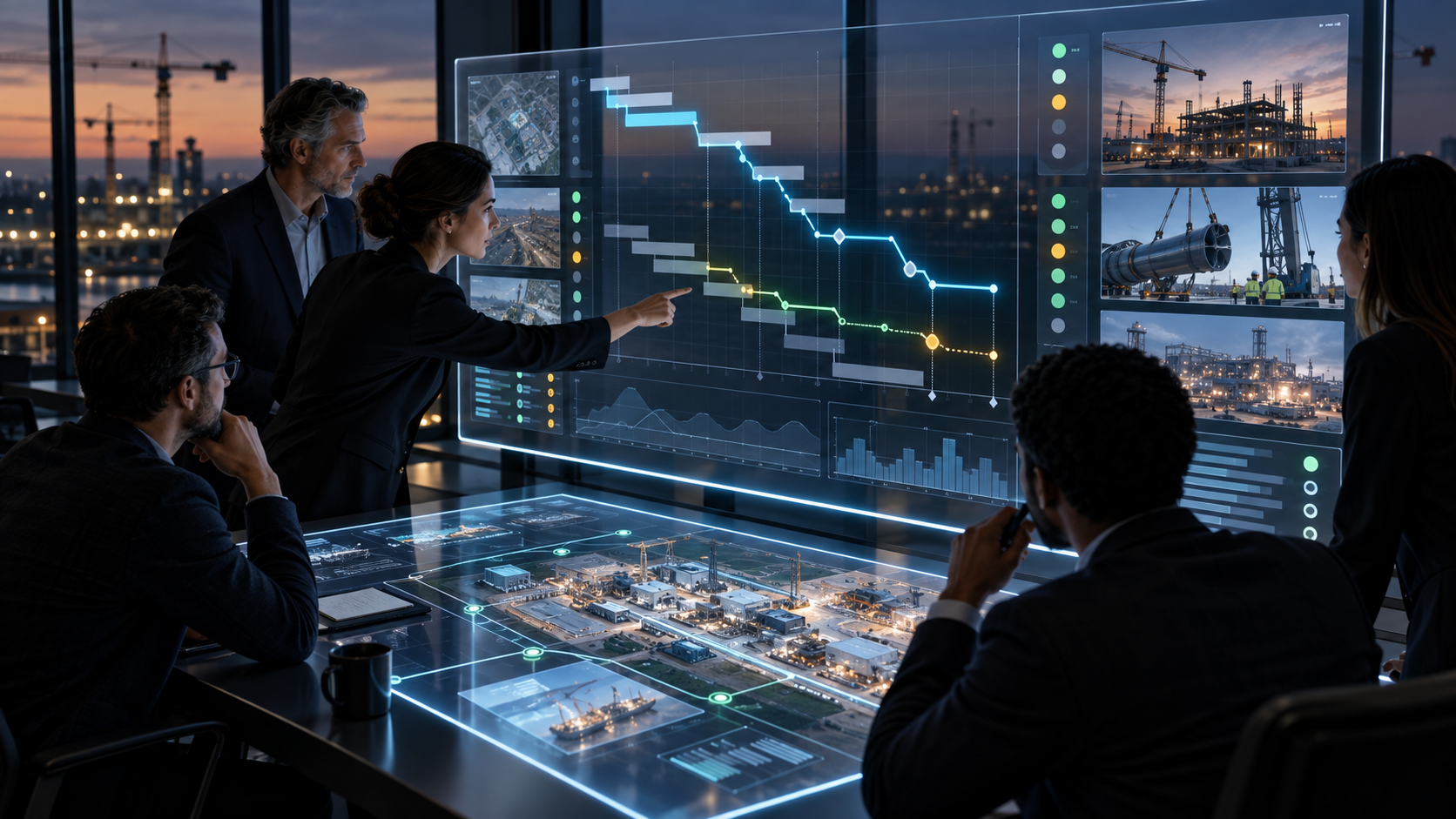 Project leaders review a live operational baseline that connects schedule variance, evidence and real-world execution.