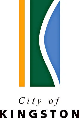 City of Kingston logo featuring an orange vertical line, a green curved shape, and a blue curved shape separated by a white line, with text 'City of KINGSTON' below.