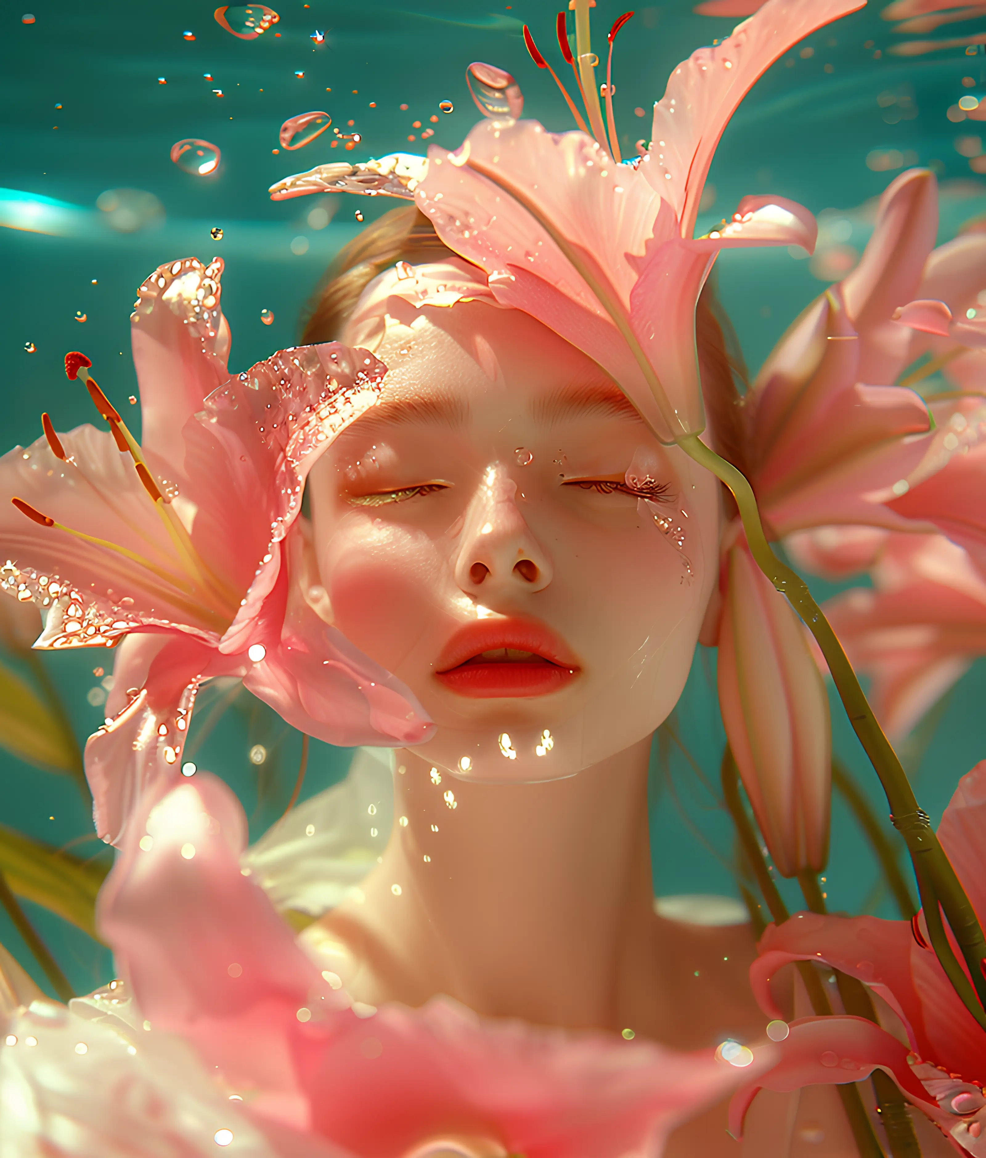 Underwater portrait with flowers