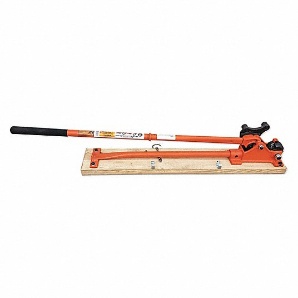 Manual and hydraulic rebar cutting and bending tools for on-site rebar fabrication.