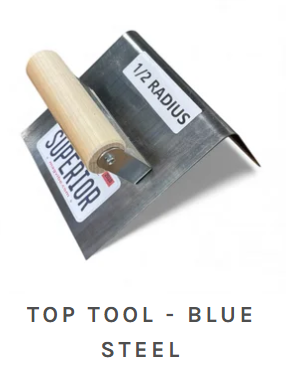 Superior Top Tool 1/2" radius blue steel — for clean rounded edges on formed concrete.