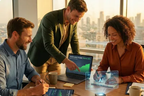 Three colleagues in an office reviewing AI data graphs on laptop and tablet with city view behind them.