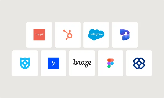 Grid of nine logos including Klaviyo, HubSpot, Salesforce, Microsoft Dynamics, and others on light background.