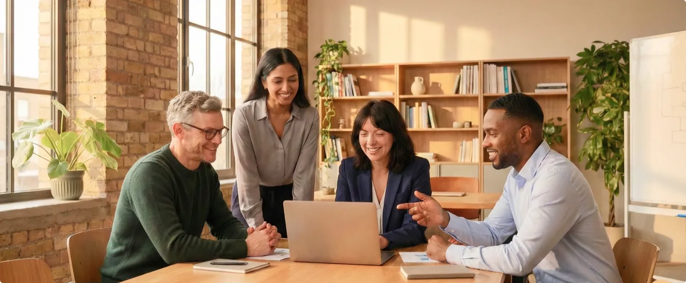 Four colleagues smiling and discussing while looking at a laptop in a bright office.