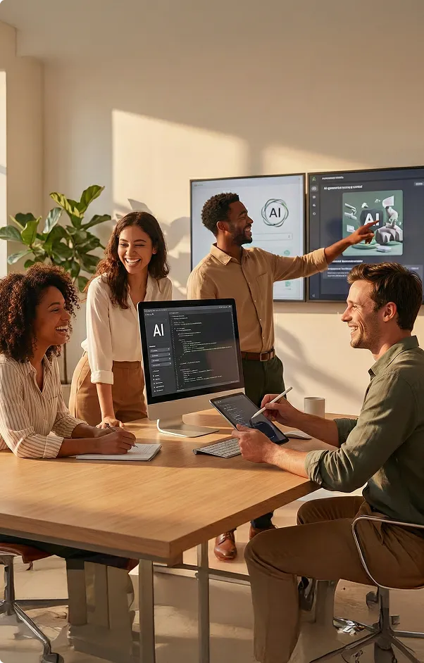 Four diverse colleagues collaborate in a sunlit office, discussing AI on screens and digital devices.