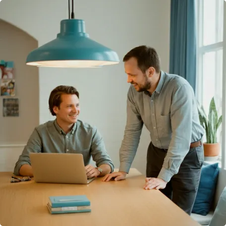 Two men in gray shirts collaborate over a laptop at a table in a well-lit room.