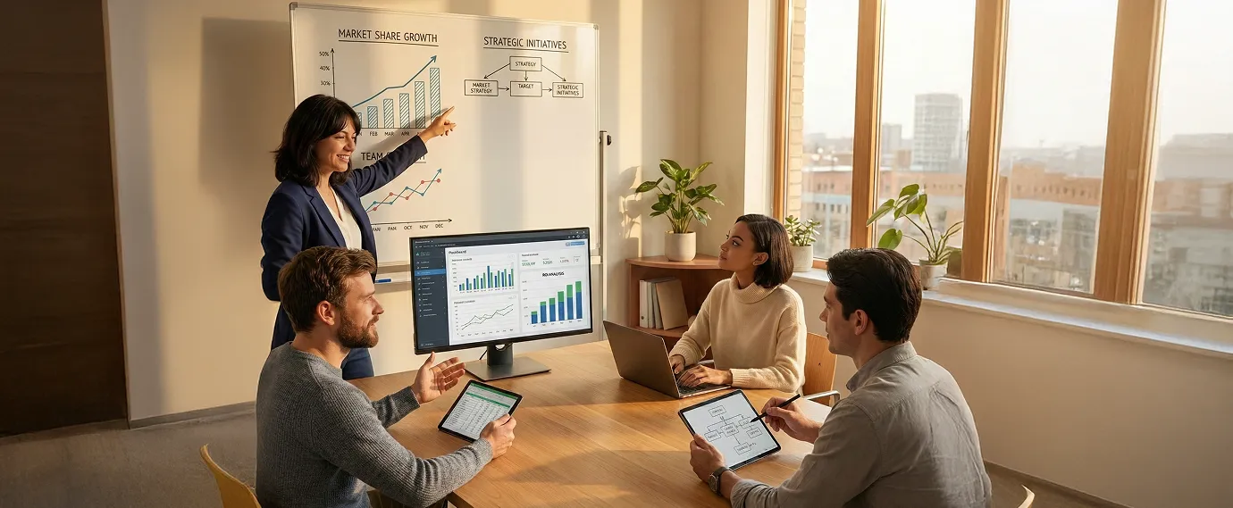 Businesswoman pointing at charts on whiteboard while colleagues with tablets and laptop listen in office.