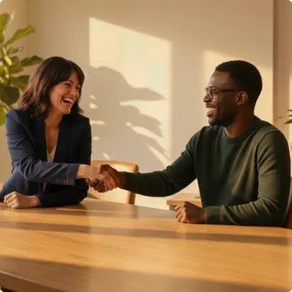 Two people smiling and shaking hands across a wooden table in a warmly lit room.