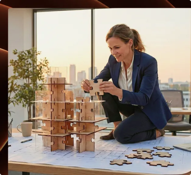 Woman in business suit assembling a large 3D puzzle on a table with blueprints in an office.