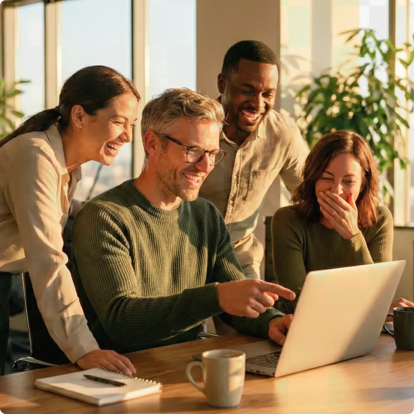 Four colleagues smiling and laughing around a laptop in a sunny office with coffee mugs on the table.