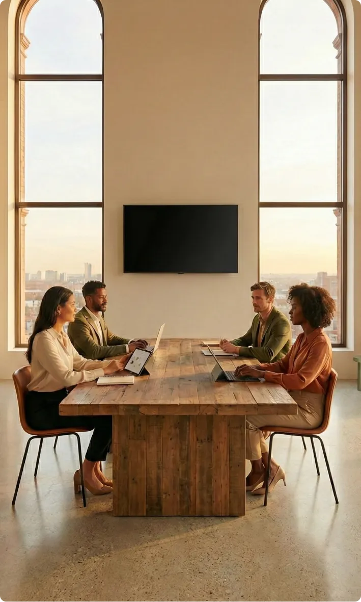 Four professionals sitting across a wooden table with laptops in a modern office with large windows.