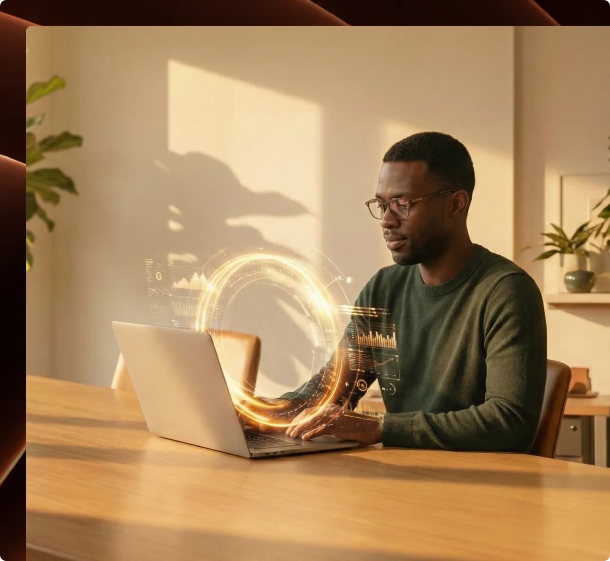 Man wearing glasses working on laptop with glowing digital circular data interface overlay.