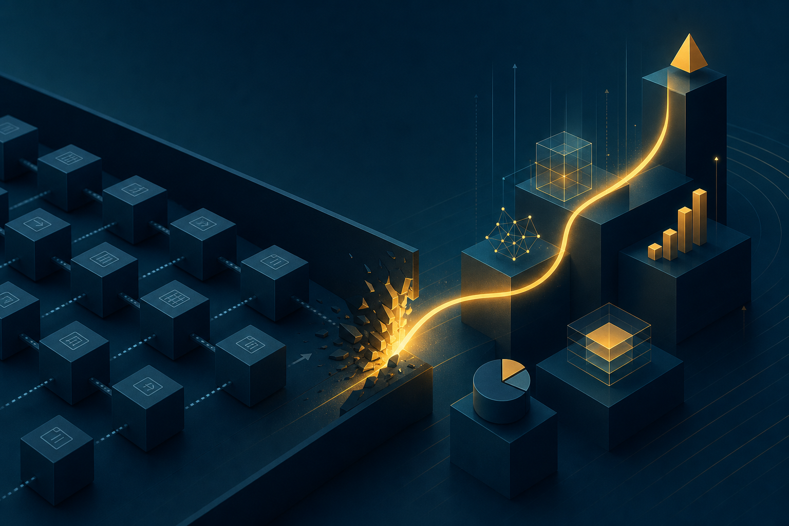 Abstract isometric illustration representing human potential and AI transformation in business