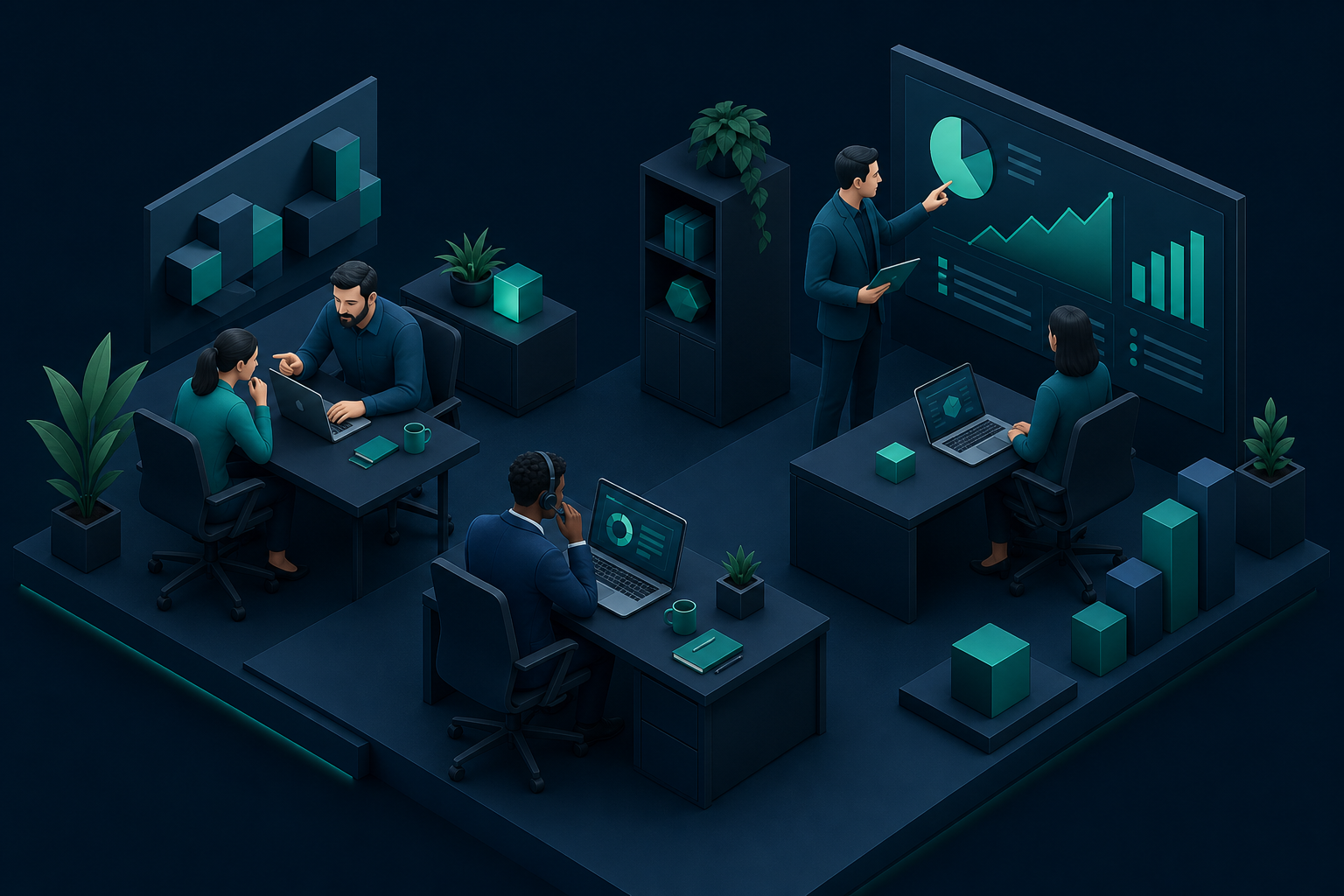 Isometric illustration of people working effectively with AI — your people are your competitive advantage
