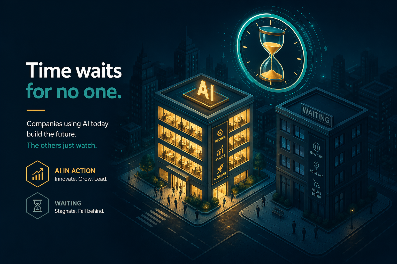 Dark teal isometric illustration showing AI-active vs waiting businesses with an hourglass above