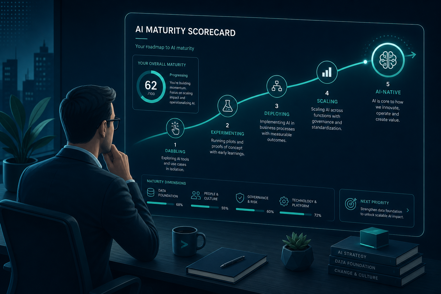 A business leader reviewing an AI maturity scorecard showing where their company sits on the path to becoming AI-native.