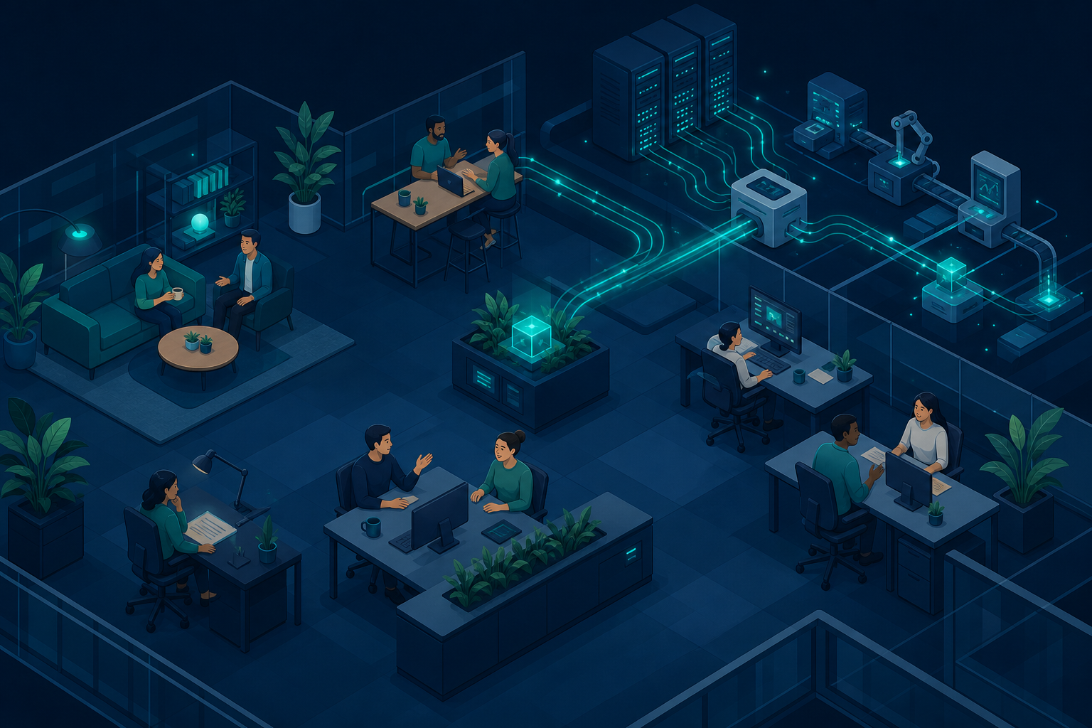 A calm, focused team working together in a bright modern office after AI transformation