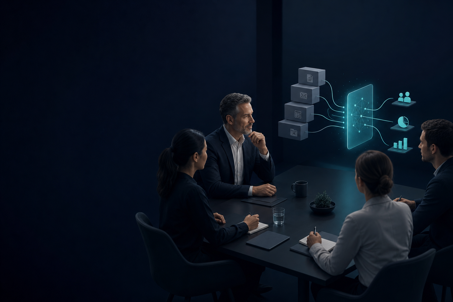 A focused business leader in a meeting room, thinking through an AI transformation decision with their team.
