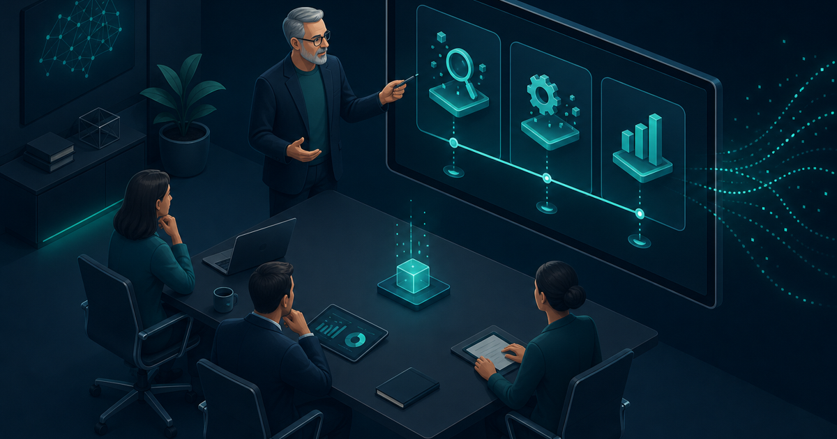 A senior AI leader reviewing a 90 day transformation plan with a business team