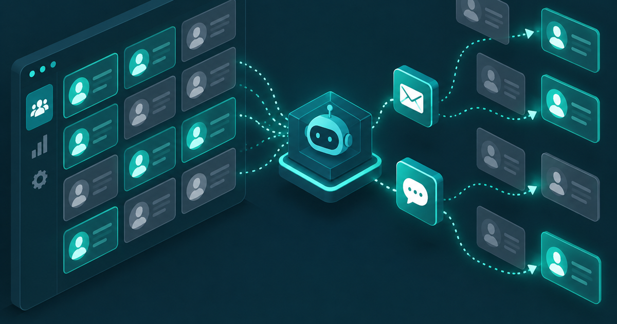 Illustration of a CRM dashboard showing dormant contacts being reactivated through an automated email and SMS campaign