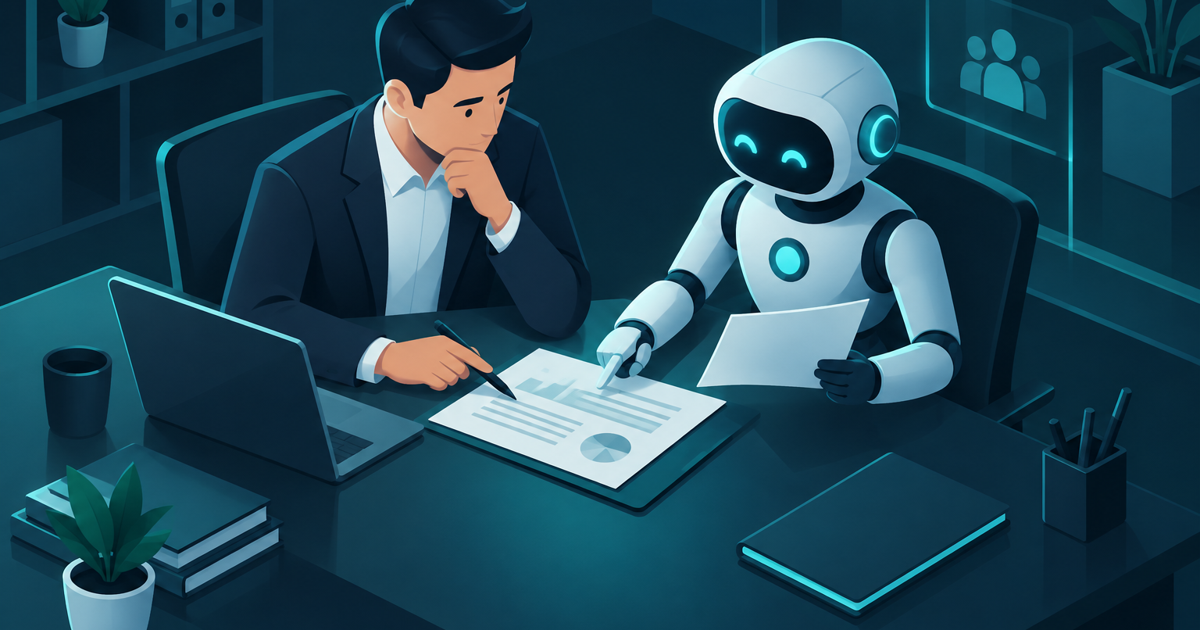 A manager reviewing work alongside an AI worker, representing the onboarding of AI agents into a business team.