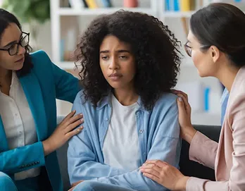 Two women comforting a distressed woman sitting between them in a supportive setting.