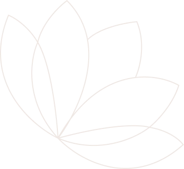 Minimalist brown line art of a stylized lotus flower with five overlapping petals.