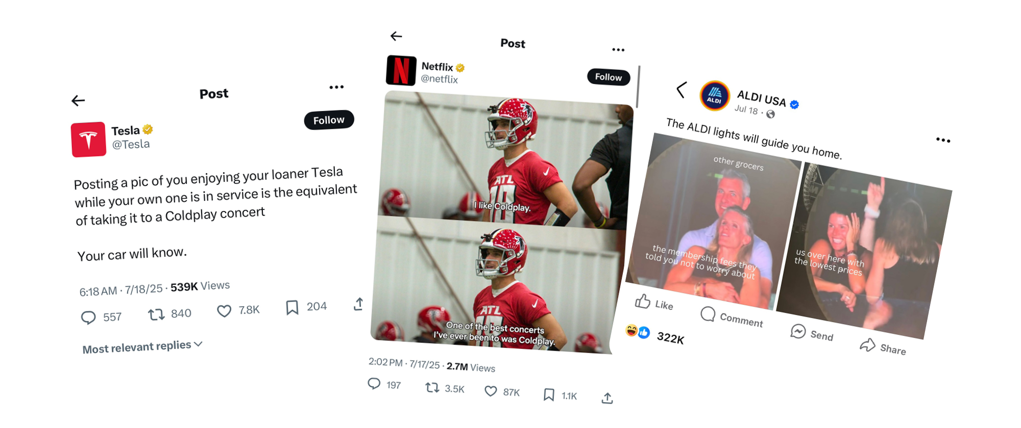 Screenshots of X accounts Tesla, Netflix and Aldi USA showing their take on the viral Coldplay Meme