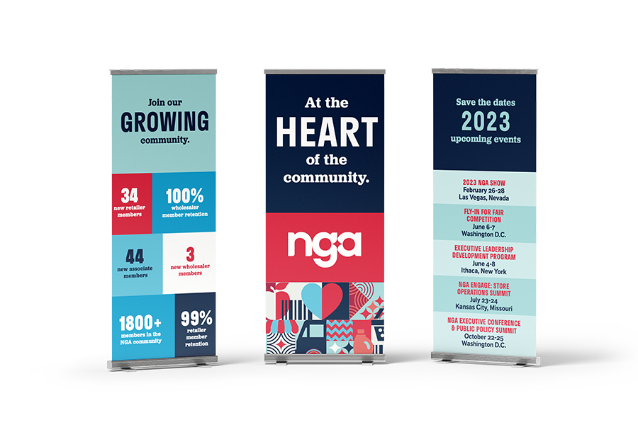 NGA banner stands featuring graphics and stats on display at their annual Show.