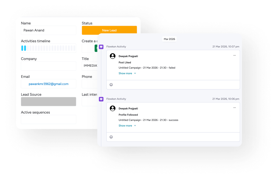 Flowkon linkedin automation software — real time activity status tracking in Monday CRM