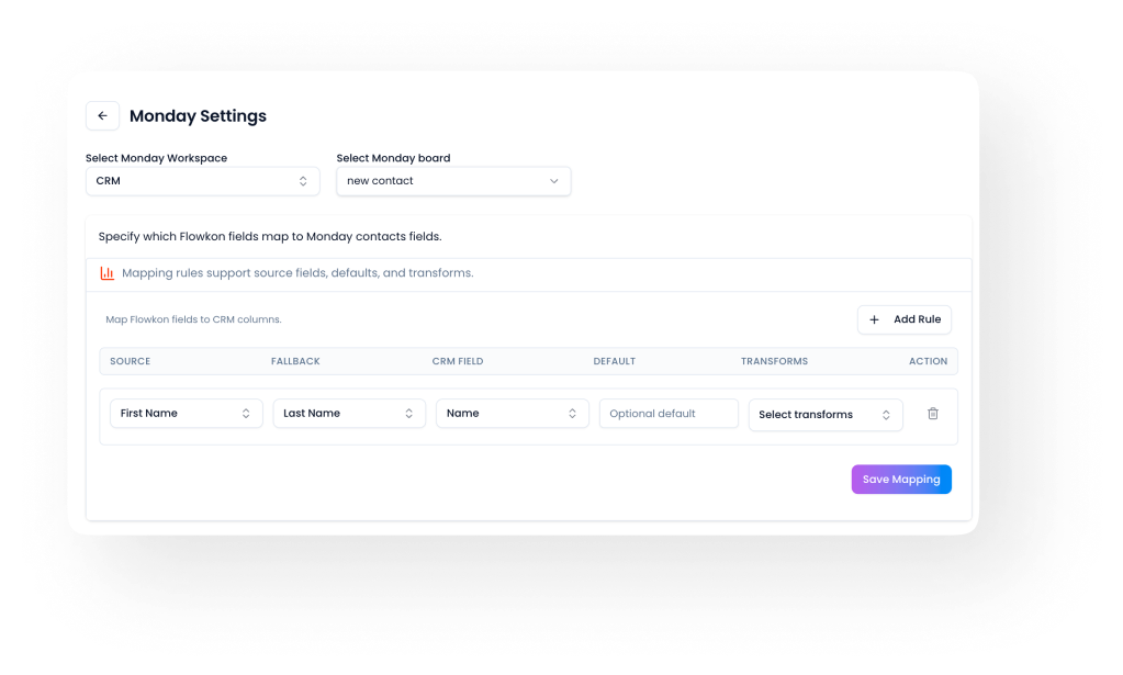 Flowkon linkedin automation software mapping contact fields with Monday.com CRM board in just a few clicks using the Monday Settings field mapping screen