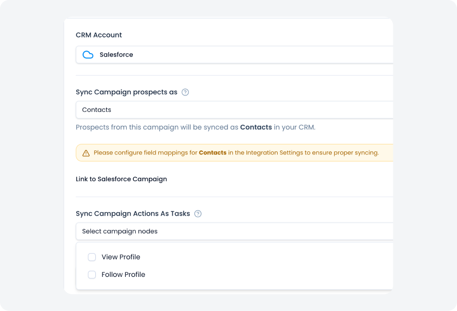 Step 3 to integrate Flowkon linkedin automation tools with Zoho CRM – choose prospect sync type as contacts, link Zoho campaign, select campaign actions as tasks like View Profile and Follow Profile, then launch outreach