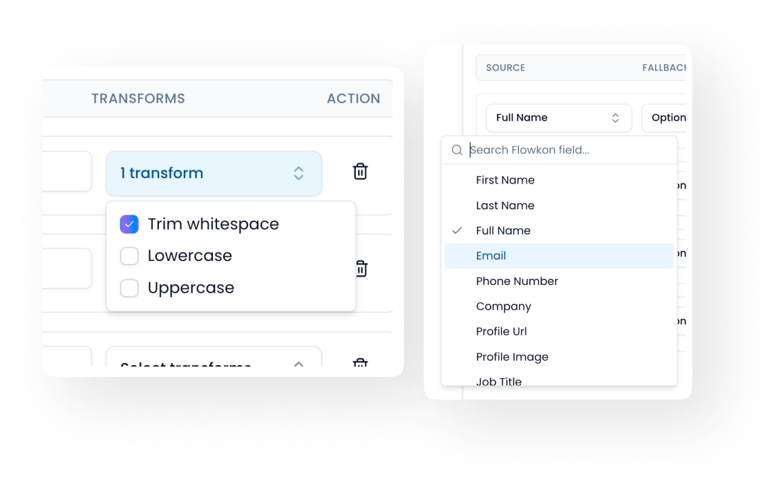 Flowkon linkedin automation tools mapping any prospect field to Zoho CRM contact or lead fields with fallback, default and transform options for precise data sync