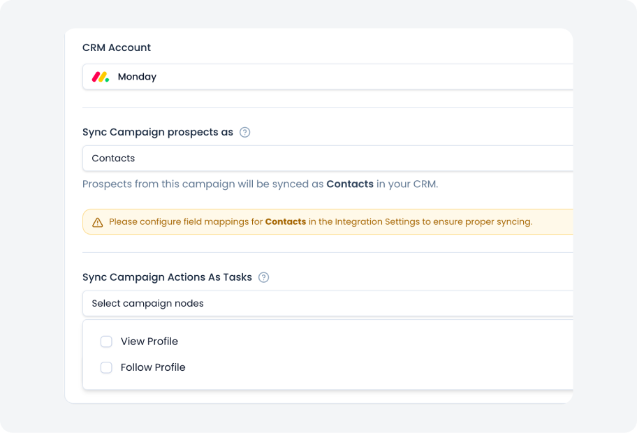 Step 3 to integrate Flowkon linkedin automation tools with Monday CRM – configure field mappings, sync campaign prospects as contacts and select campaign actions as tasks