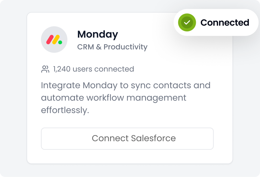 Step 1 to connect Flowkon linkedin automation software with Monday.com CRM – navigate to integrations, select Monday.com and click Connect